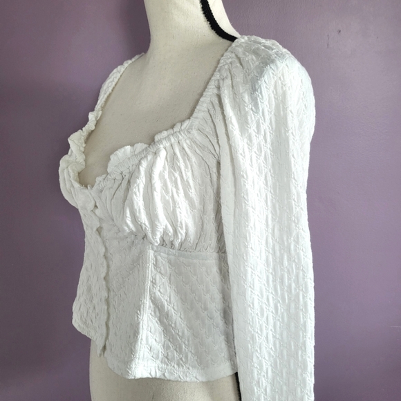 Free People Lady Bug Pointelle Long Sleeve Smocked Sweetheart Milkmaid Crop Top - Picture 9 of 16